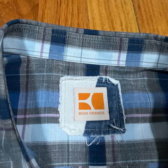 Hugo Boss Orange Mens Plaid Shirt XL Unique Upper Button Blue Tartan Casual - Picture 4 of 11
